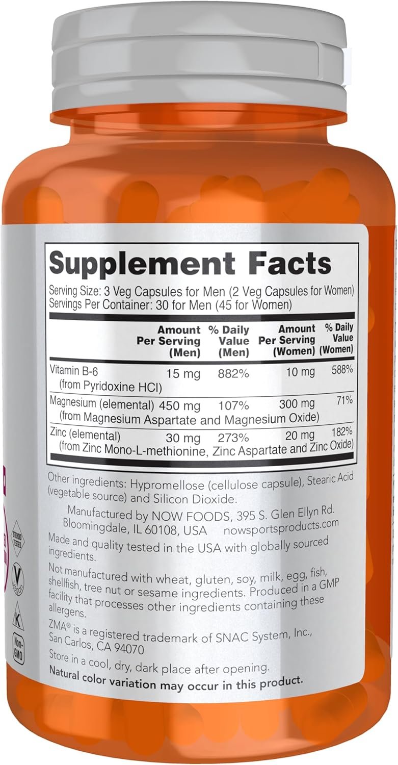 NOW Sports Nutrition, ZMA (Zinc, Magnesium and Vitamin B-6), Enhanced Absorption, Sports Recovery*, 90 Capsules - Image 2