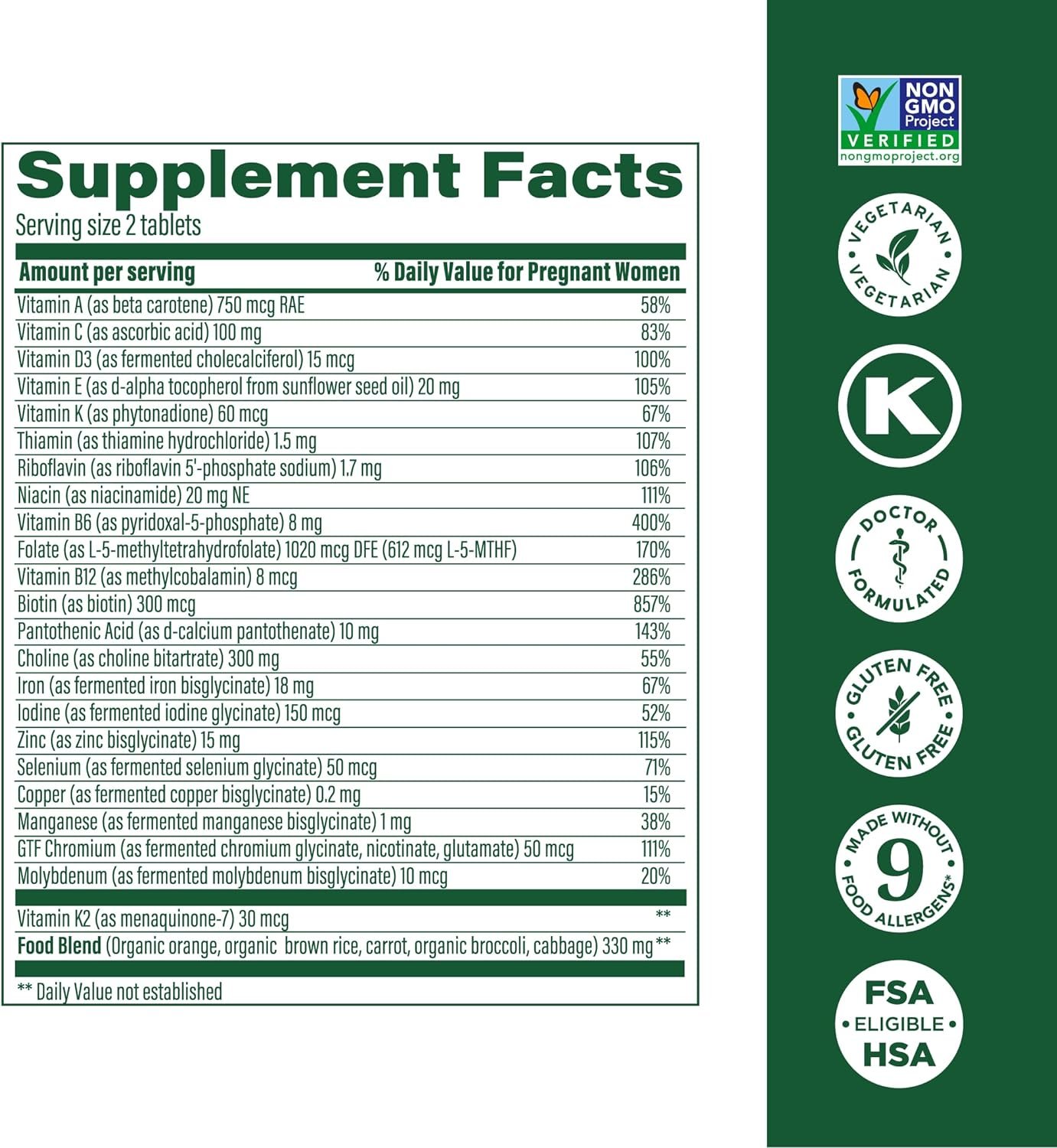 MegaFood Baby & Me 2 Prenatal Vitamin and Minerals - Vitamins for Women - with Folate (Folic Acid Natural Form), Choline, Iron, Iodine, and Vitamin C, Vitamin D and more - 60 Tabs (30 Servings) - Image 3